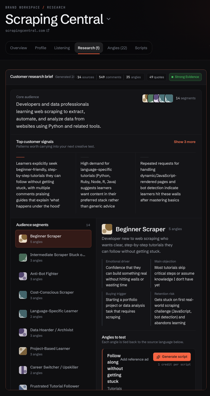 Adlicio audience research brief showing top complaints and a Beginner Scraper avatar profile assembled from real comments