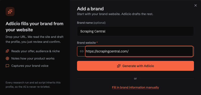 Adlicio brand onboarding modal, drop your URL and it reads the site to draft your brand profile