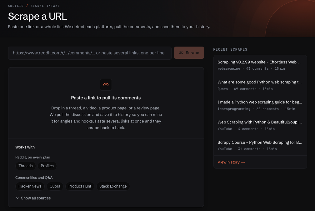 Adlicio scrape a URL, signal intake for paste-a-link comment mining across Reddit, Hacker News, Quora, and more